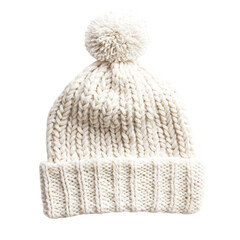 White Knit Hat with Pom Pom Isolated on Transparent Background