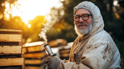 Elderly male beekeeper in protective suit using smoker near wooden beehives