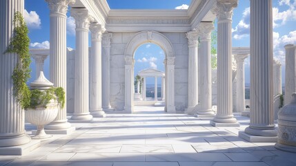 Obraz premium An ancient Greek temple's interior features white marble columns, an archway entrance, and a decorative vase. The realistic 3D illustration shows the temple's Baroque sculpture and overall grandeur.