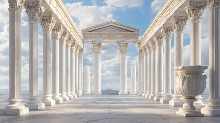 Obraz premium An ancient Greek temple's interior features white marble columns, an archway entrance, and a decorative vase. The realistic 3D illustration shows the temple's Baroque sculpture and overall grandeur.