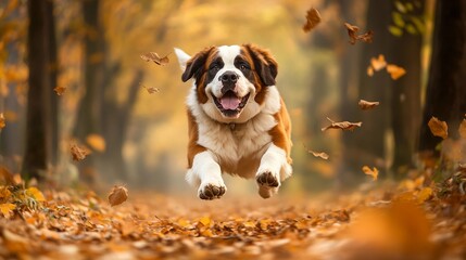 Saint Bernard dog running through an autumn forest with colorful leaves