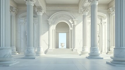 Obraz premium An ancient Greek temple's interior features white marble columns, an archway entrance, and a decorative vase. The realistic 3D illustration shows the temple's Baroque sculpture and overall grandeur.