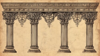 Obraz premium An ancient Roman-style drawing with columns and borders, similar to old Venetian designs. It's made with a single line in a vector graphic style.