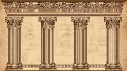 Obraz premium An ancient Roman-style drawing with columns and borders, similar to old Venetian designs. It's made with a single line in a vector graphic style.