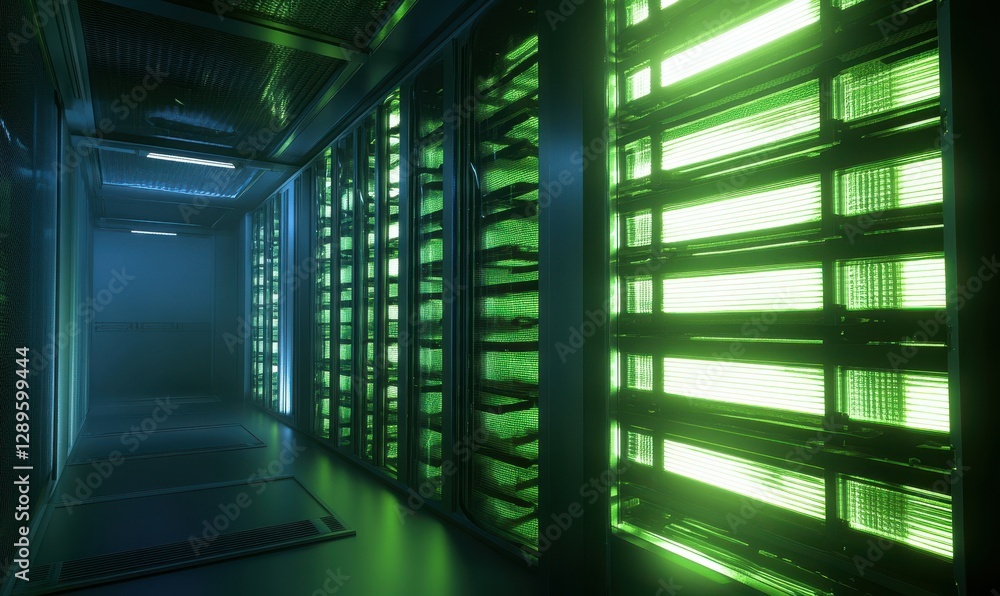 Poster advanced server room filled with glowing green and blue racks, illuminated by soft ambient light in 