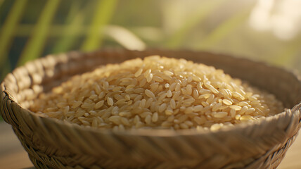 かごに入ったオーガニック玄米、光沢のある粒が映し出す自然の恵み