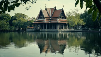 Obraz premium An old building, Siriraj Bimuksthan Museum, is reflected in the water. The focus is not clear.