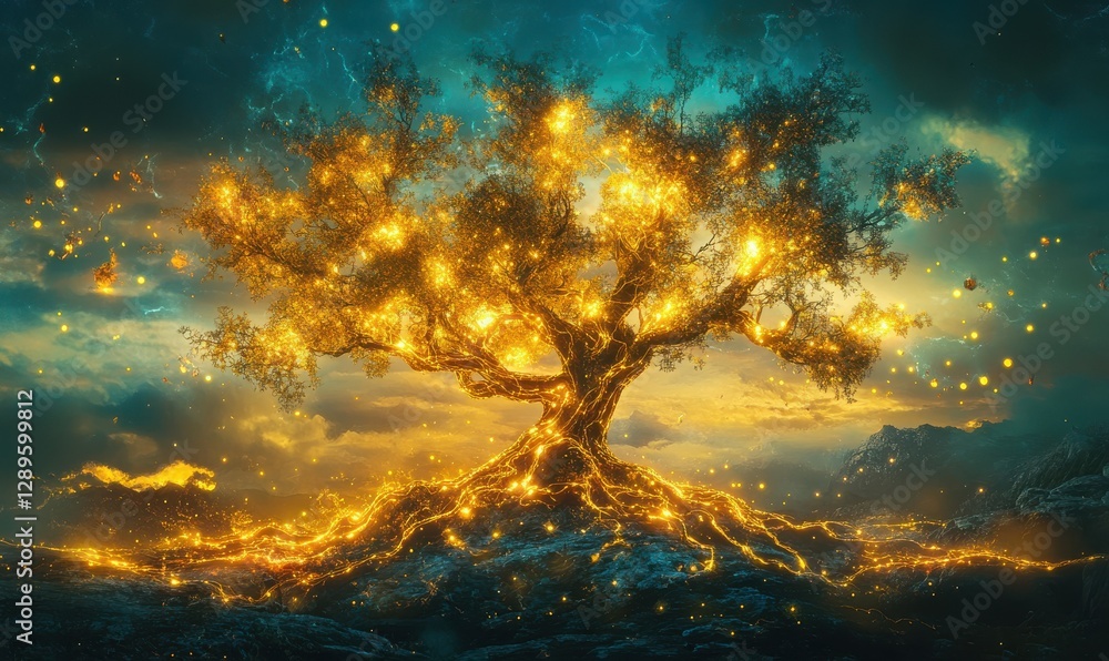 Poster artistic rendering of a glowing neuron tree, symbolizing the fusion of biology and technology in a s