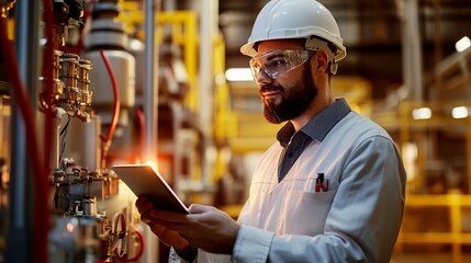 A technician wearing safety gear is examining an industrial machine