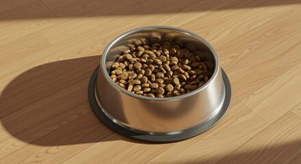 Obraz na płótnie Canvas Bowl filled with pet food on wooden floor, creating a warm and inviting atmosphere, representing nourishment and care for animals