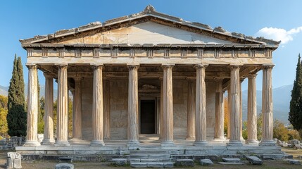 Obraz premium Ancient buildings with marble columns and a triangular roofline. Greek and Roman architecture, history, and culture.