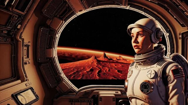 
Vintage Astronaut Woman on Mars. Retro Video Game Style Spaceship. Looping. Animated Background / Wallpaper. VJ / Vtuber / Streamer Backdrop. Seamless Loop.