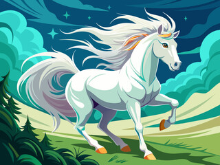 vector of  A white horse with a long mane is running
