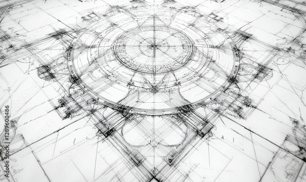 Poster an intricate close-up view of a blueprint revealing the architectural blueprint for a building, idea