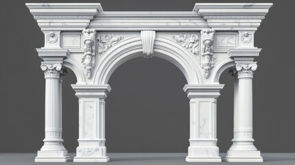 Obraz premium Ancient marble arch with Roman style. Carved gate with stone pillars. Castle or palace entrance. Realistic 3D vector.