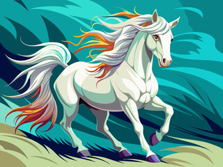 vector of  A white horse with a long mane is running