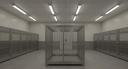 Empty animal shelter cages creating a somber atmosphere conveying the isolation of pets waiting for homes in a sterile, well-lit environment