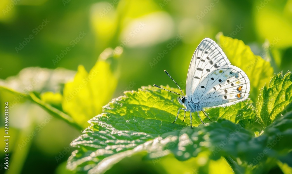 Poster elegant butterfly with intricate wing patterns resting on a vibrant green leaf, illuminated by soft 