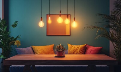 Cozy dining room with a wooden table, vibrant cushions, and pendant lights casting soft warm hues.