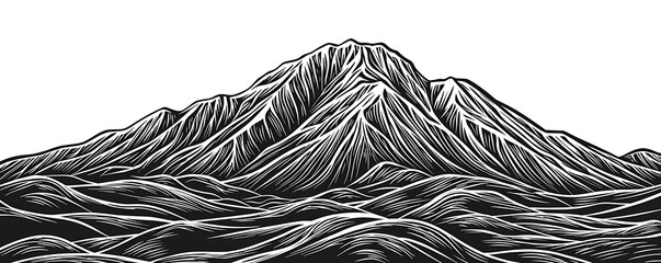 An engraved mountain illustration in black and white with a woodcut design, highly detailed with textured lines, isolated on a clean white background