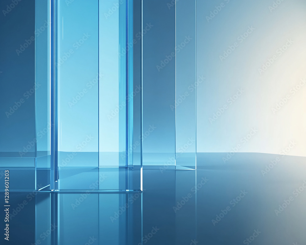 Poster abstract image featuring transparent glass prisms reflecting soft blue and pastel gradient light on 