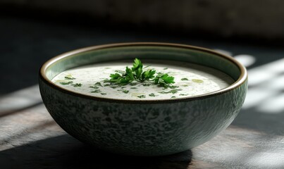 Elegant cream of broccoli soup served in a ceramic bowl garnished with fresh parsley, soft natural light highlighting its creamy textures and rich green tones