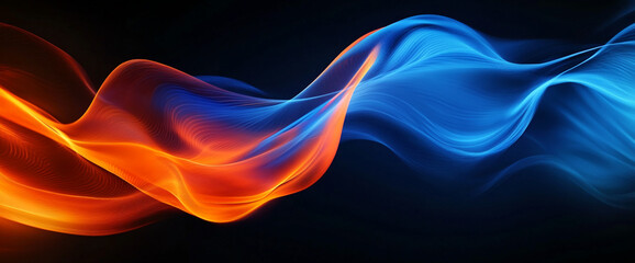 Abstract flow of vibrant blue and orange light waves on a dark background, symbolizing movement, energy, and dynamic contrast in modern design.