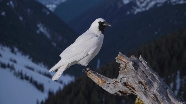 White Raven on a Branch in Front of a Vast Mountains and Forest Wilderness. Looping. Animated Background / Wallpaper. VJ / Vtuber / Streamer Backdrop. Seamless Loop.
