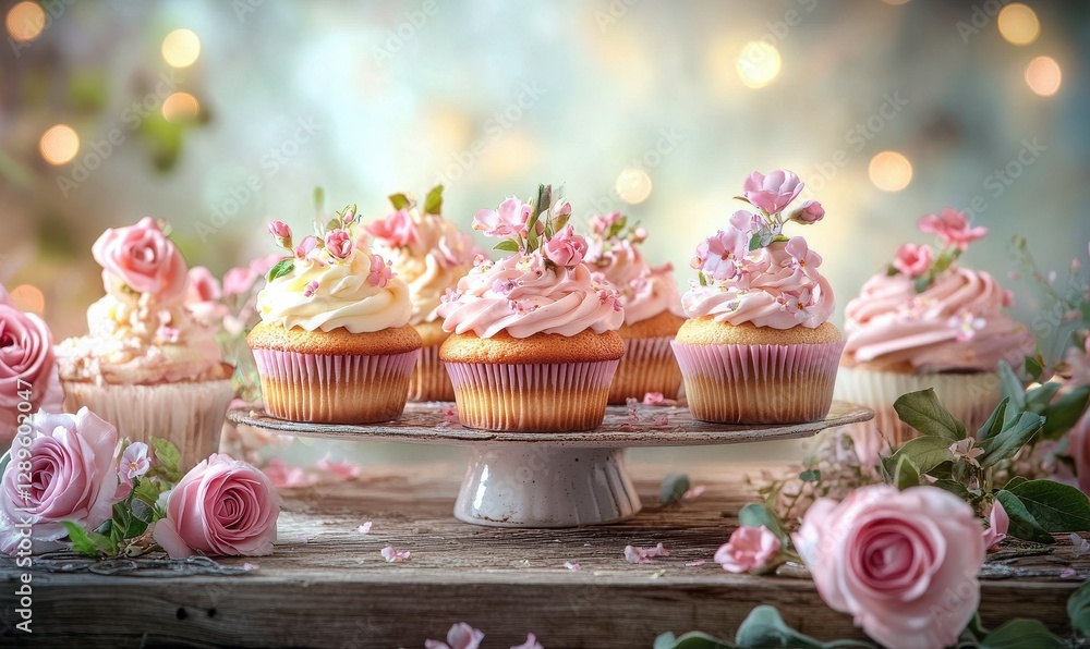 Poster elegant display of cupcakes with floral frosting arranged on a rustic wooden table illuminated by so