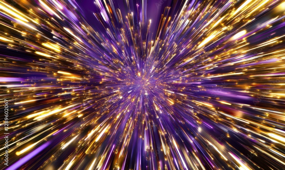 Poster bold and colorful abstract light trails in vibrant purple and gold tones, dynamic patterns creating 