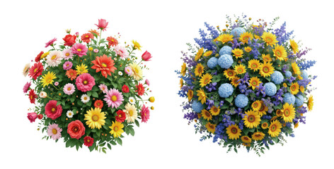 Fototapeta premium Colorful Floral Bouquets Featuring Vibrant Blossoms in Pink, Yellow, Blue, and Purple, Perfect for Celebrating Nature's Splendor, Isolated on Transparent and White Background