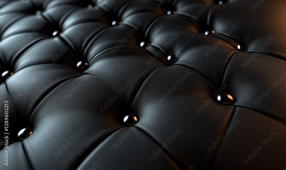 Poster bold black leather surface with intricate button patterns glowing softly under warm ambient lighting