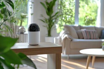 Fototapeta premium Smart home security camera monitoring living room with natural light and plants indoors