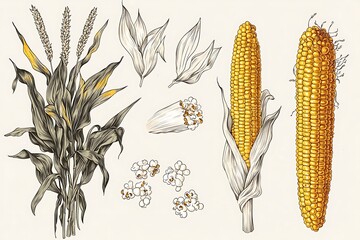 An illustration set grain plants, corn cobs, and sketch popcorn in modern with an engraving maize plants, captured in ultra HD