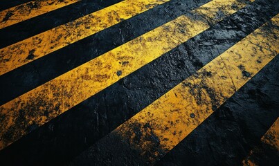 Bold diagonal black and yellow stripes on a textured surface, illuminated by warm light creating a striking and industrial composition
