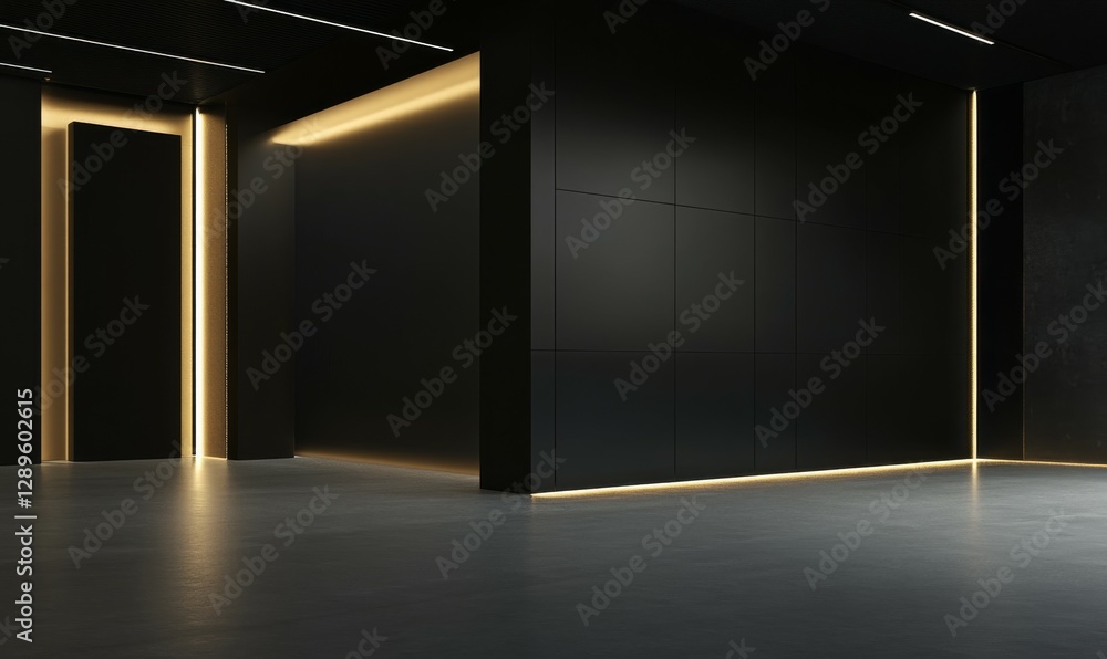 Poster a trendy black room with led lights on the walls showcases a black partition with a central empty sp
