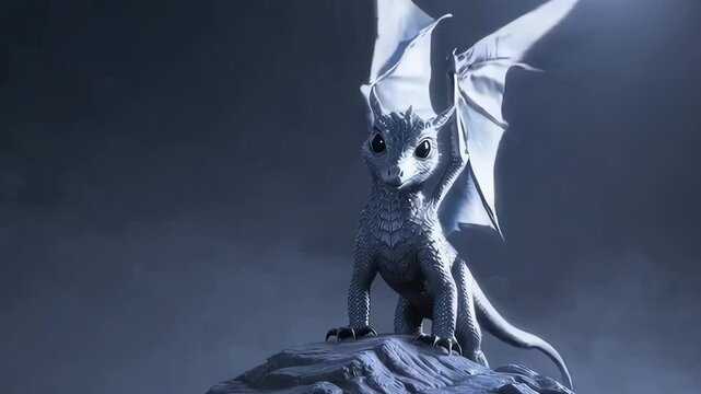 Cute Baby Dragon Flapping its Wings on a Mountain in the Moonlight. Looping. Animated Background / Wallpaper. VJ / Vtuber / Streamer Backdrop. Seamless Loop.