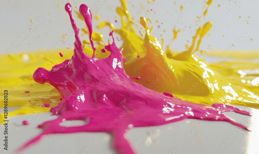 Aufkleber bold splashes of vibrant magenta and yellow paint scattered dynamically on a clean white surface, cr
