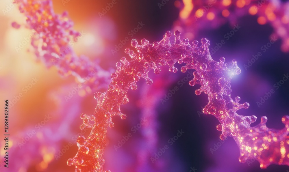 Poster abstract molecular visualization with glowing particles connected by vibrant lines, futuristic biote