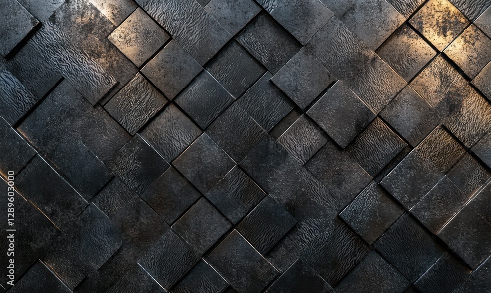 Poster bold textured black and gray overlapping geometric tiles illuminated by subtle light, creating depth