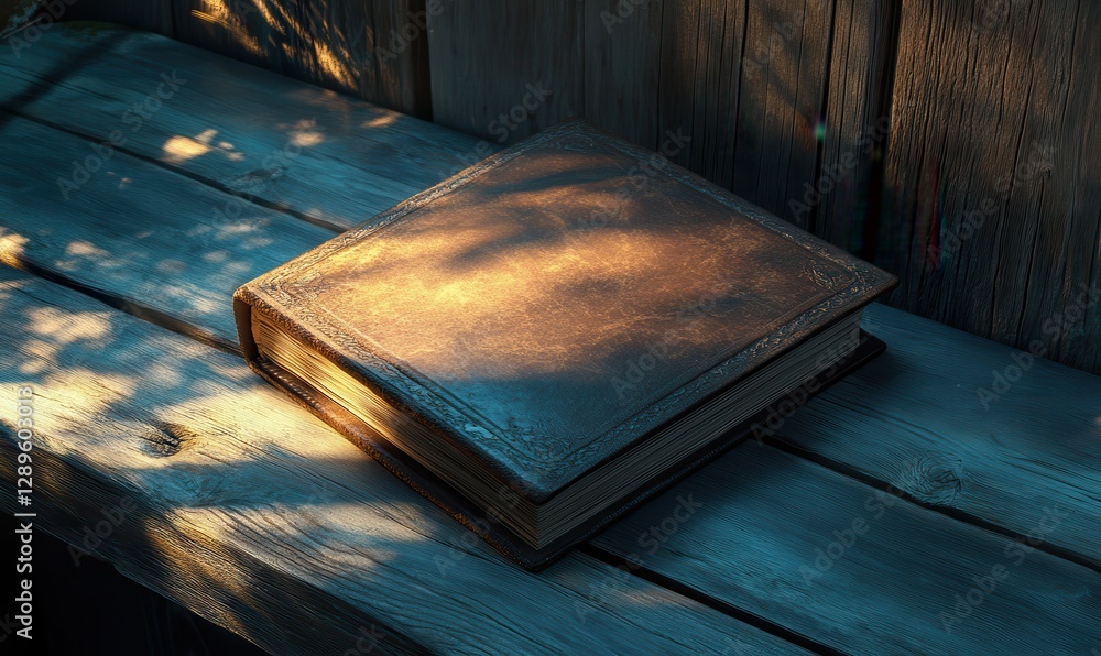 Poster elegant leather-bound book resting on a rustic wooden surface, illuminated by soft warm light, creat