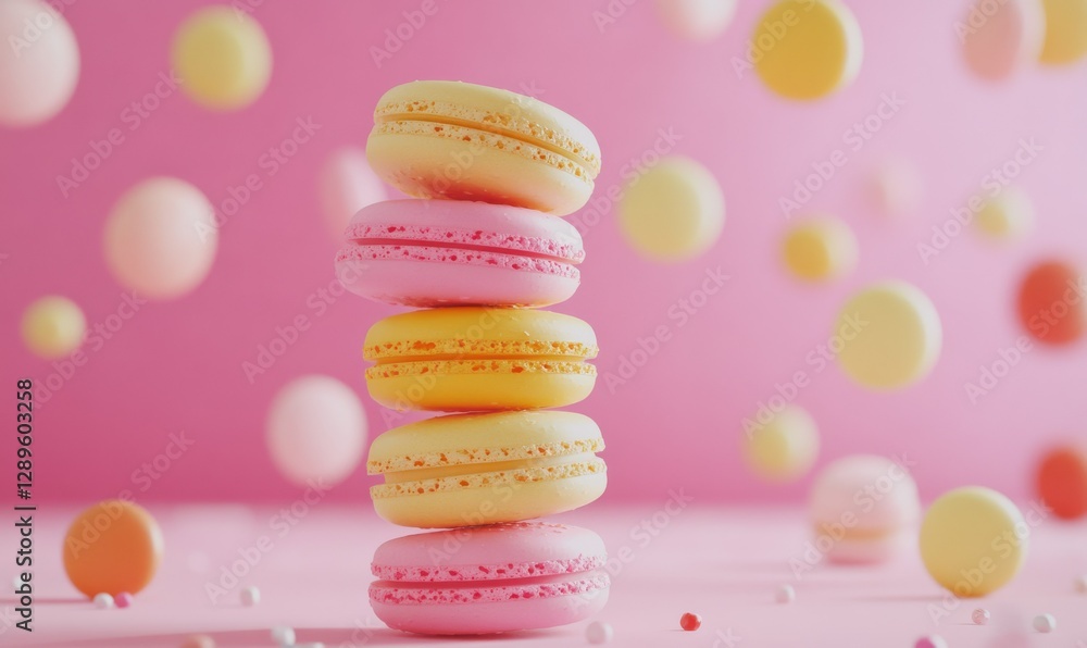 Poster bright and colorful macarons stacked in a playful arrangement on a pastel pink surface illuminated b