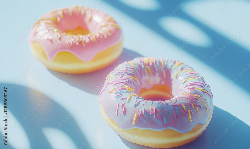 Poster bright and colorful donuts with intricate frosting designs placed on a pastel blue surface illuminat