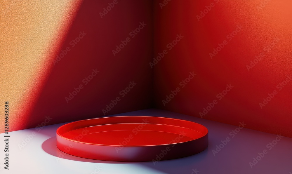 Poster bright red circular tray placed in a corner with bold lighting, sharp shadows and vibrant colors cre