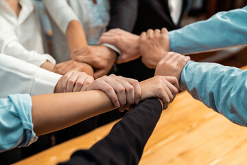 Multicultural business people holding hand together in circle. Unity teamwork in office business workplace. Diverse ethnic office worker engaged in team building. Meticulous