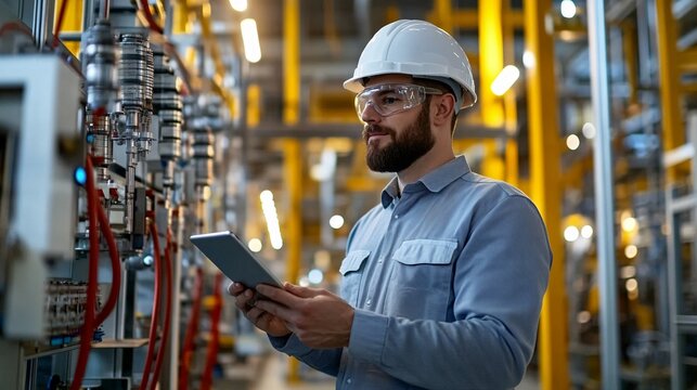 A worker examining the machinery with a digital tablet device