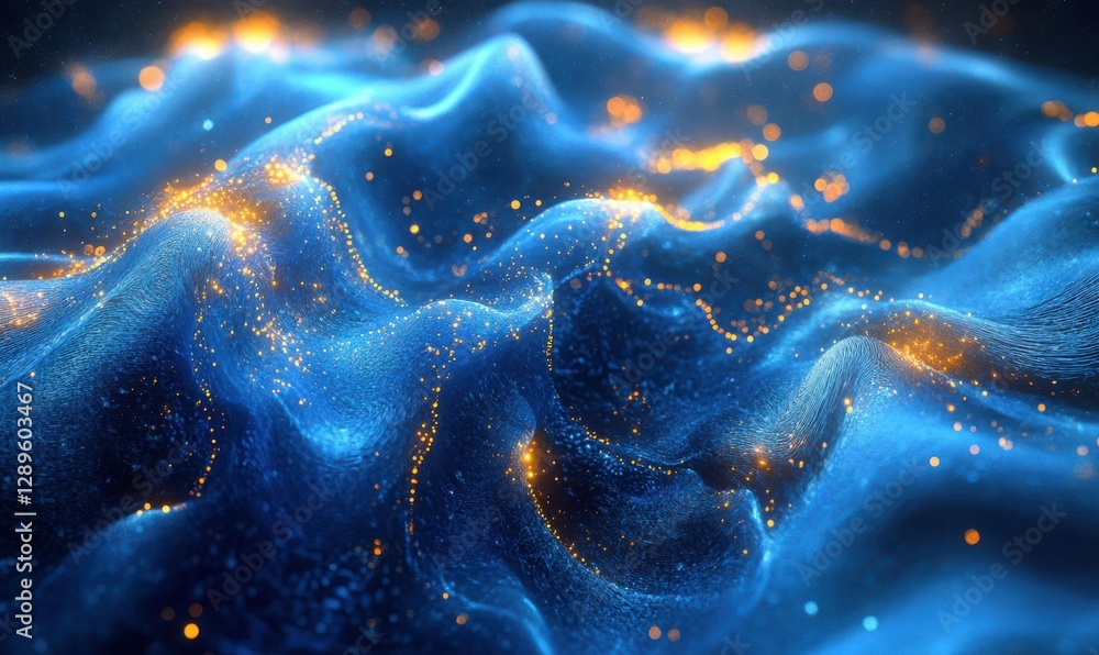 Poster bright blue ocean waves with intricate textures and glowing highlights, creating a dynamic and seren