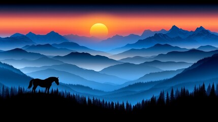 A majestic horse standing atop a mountain with the setting sun casting a golden glow in the background, captured in a minimalist style, evoking a sense of strength, freedom, and natural beauty.