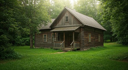 Rustic wooden house tucked in lush greenery, conveying a serene and peaceful atmosphere, symbolizing a return to nature with surrounding trees and a grassy landscape