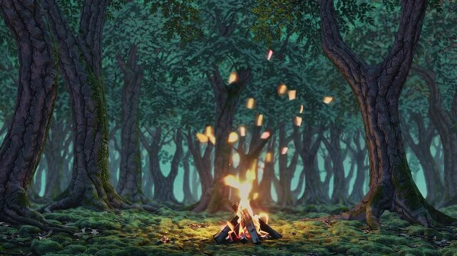 Fantasy Style Campfire in a Forest Clearing. Fire with Scenic Trees in the Woods. Looping. Animated Background / Wallpaper. VJ / Vtuber / Streamer Backdrop. Seamless Loop.